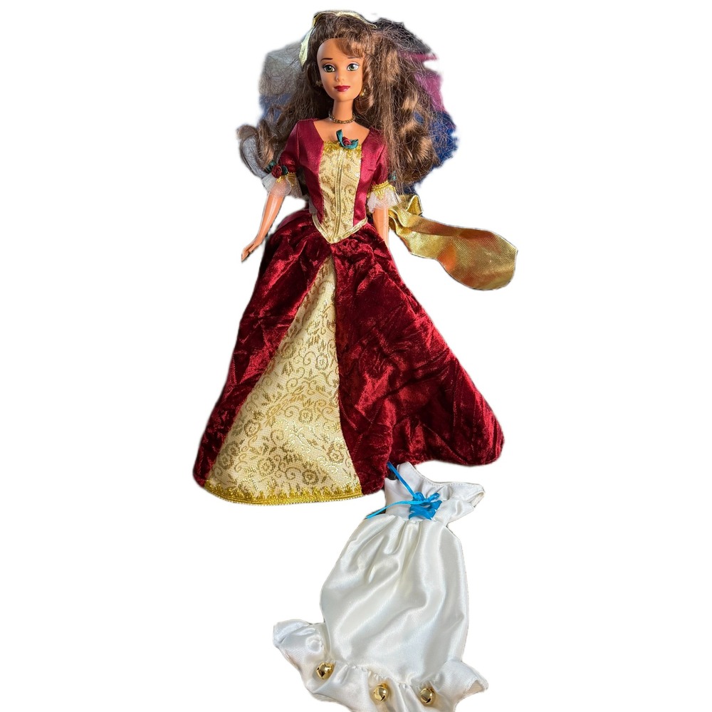 Disney‎ 1997 Belle Beauty & the Beast Holiday Doll Burgundy Velvet & White Dress